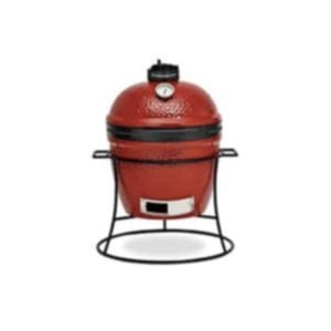 Red ceramic kamado grill on a black stand, product photo