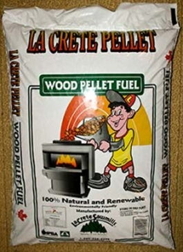 White bag of La Crete brand wood pellet fuel with a cartoon mascot graphic.