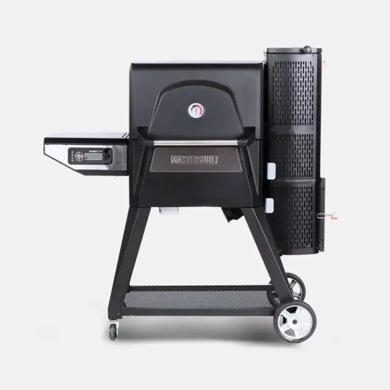 Black digital charcoal smoker and grill on a wheeled cart, product photo