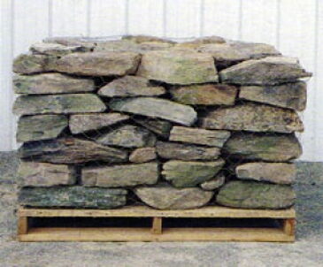 Pallet of stacked tan and gray natural fieldstone, 2-5 inch