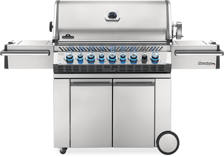 Stainless steel gas grill with blue-lit knobs, side burners, and an enclosed cabinet base.