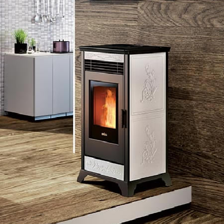White ceramic-paneled freestanding pellet stove with a black top and glass door.