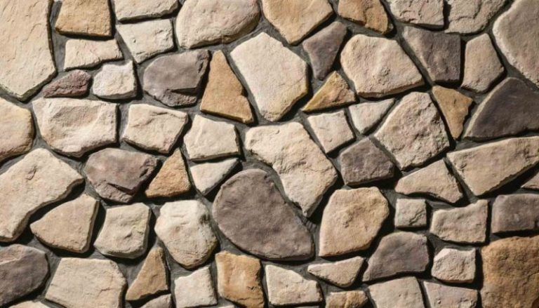 Close-up of tan and brown rounded fieldstone manufactured stone veneer