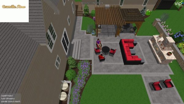 Aerial 3D rendering of a backyard patio with pergola, red sectional sofa, and fire pit