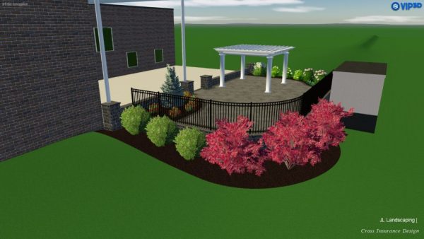 3D rendering of a patio with white pergola, iron fence, and flowering shrubs beside a stone house.